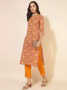 Multicolour Cotton Floral Straight Kurta