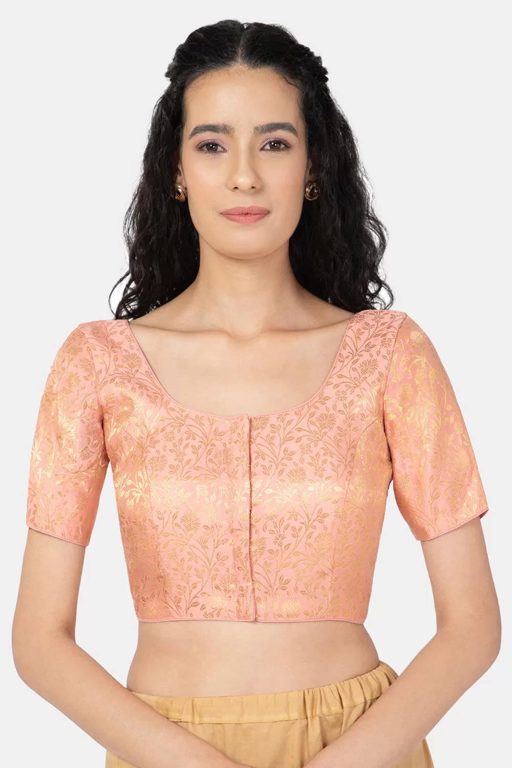 Naidu Hall Ethnic Jacquard Saree Blouse with Round Neck Elbow Sleeves - Peach