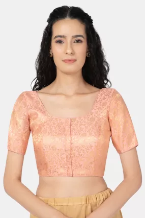 Naidu Hall Ethnic Jacquard Saree Blouse with Round Neck Elbow Sleeves - Peach