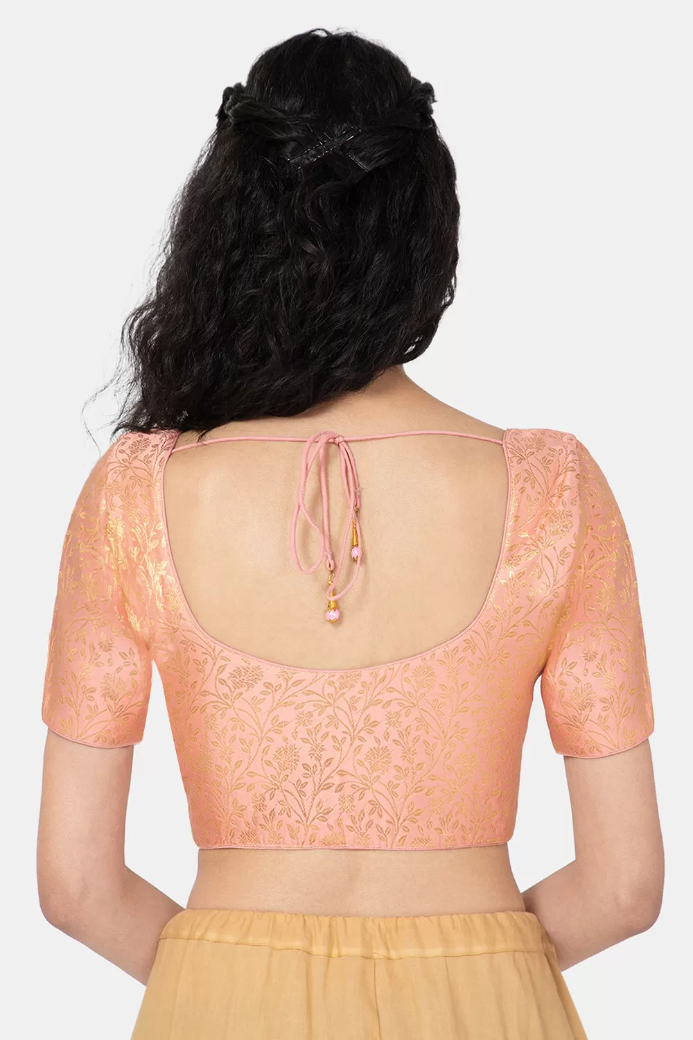 Naidu Hall Ethnic Jacquard Saree Blouse with Round Neck Elbow Sleeves - Peach