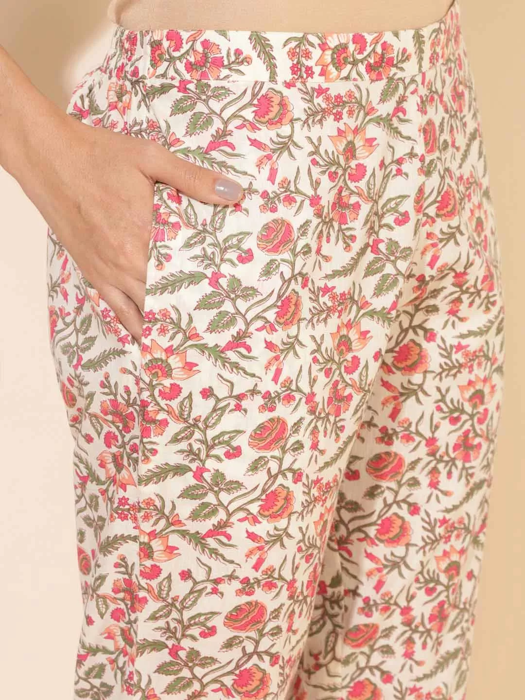 Off White Cotton Floral Regular Kurta Pant Set