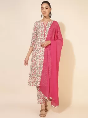 Off White Cotton Floral Regular Kurta Pant Set