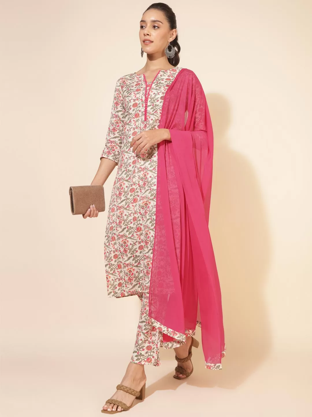 Off White Cotton Floral Regular Kurta Pant Set