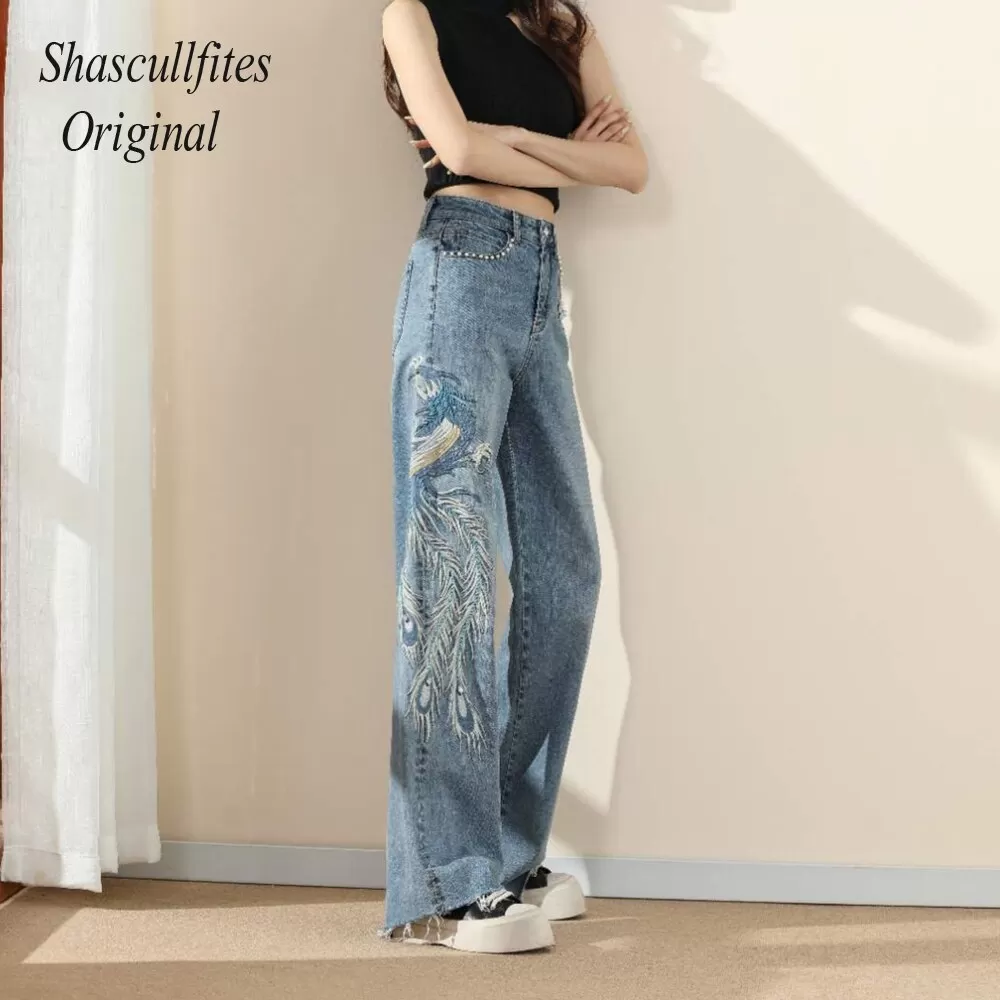 Original Embroidery Straight Loose Blue Women Jeans Wide Leg Fashion Pants Over Size Jeans