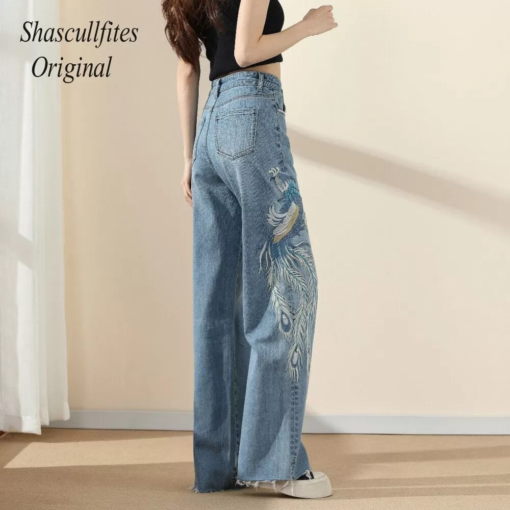 Original Embroidery Straight Loose Blue Women Jeans Wide Leg Fashion Pants Over Size Jeans