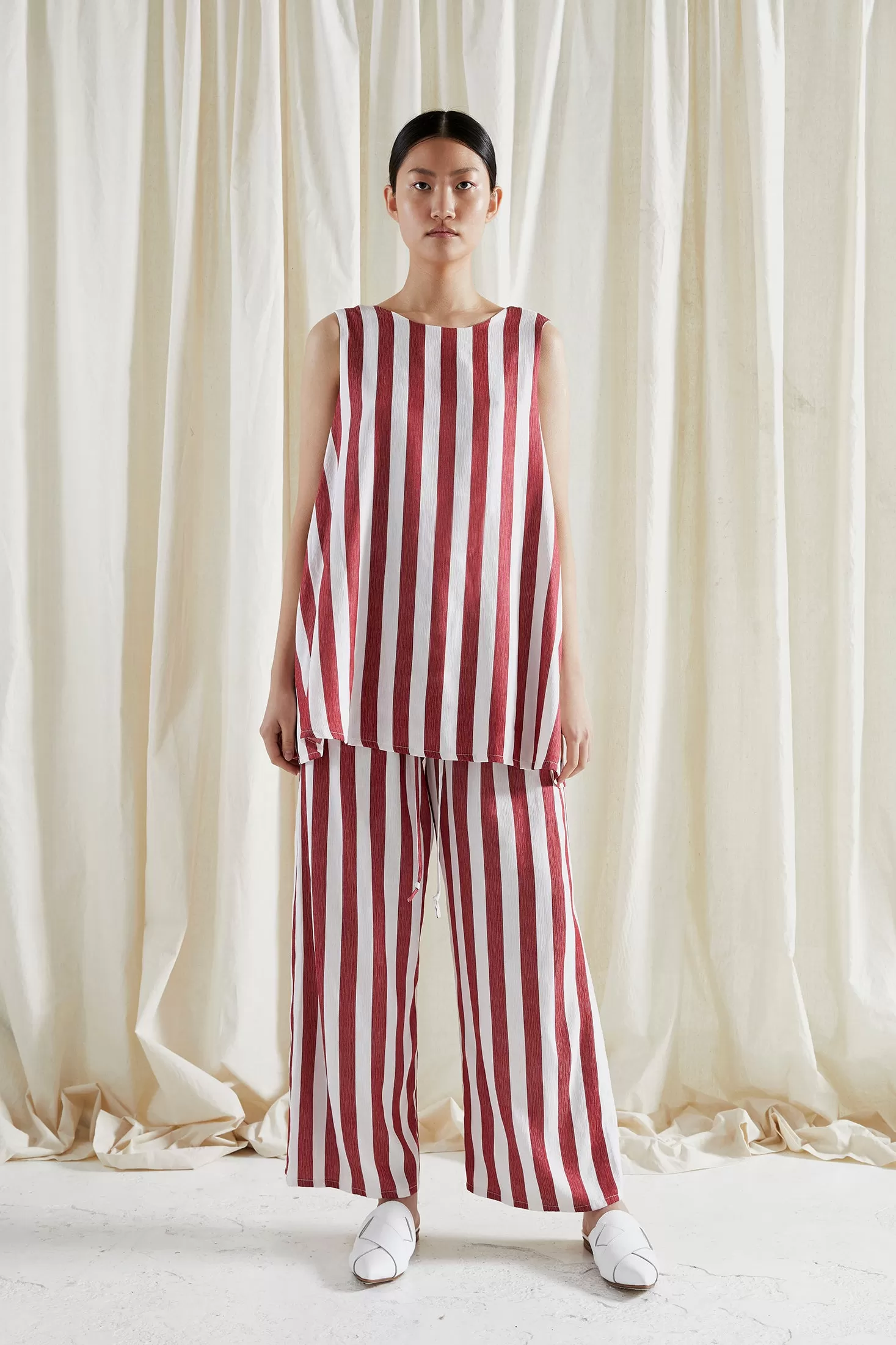 ORIGINAL SIN PANTS ~ POMEGRANATE [ Red & Whited Striped, Wide Leg Drawstring Culottes ]