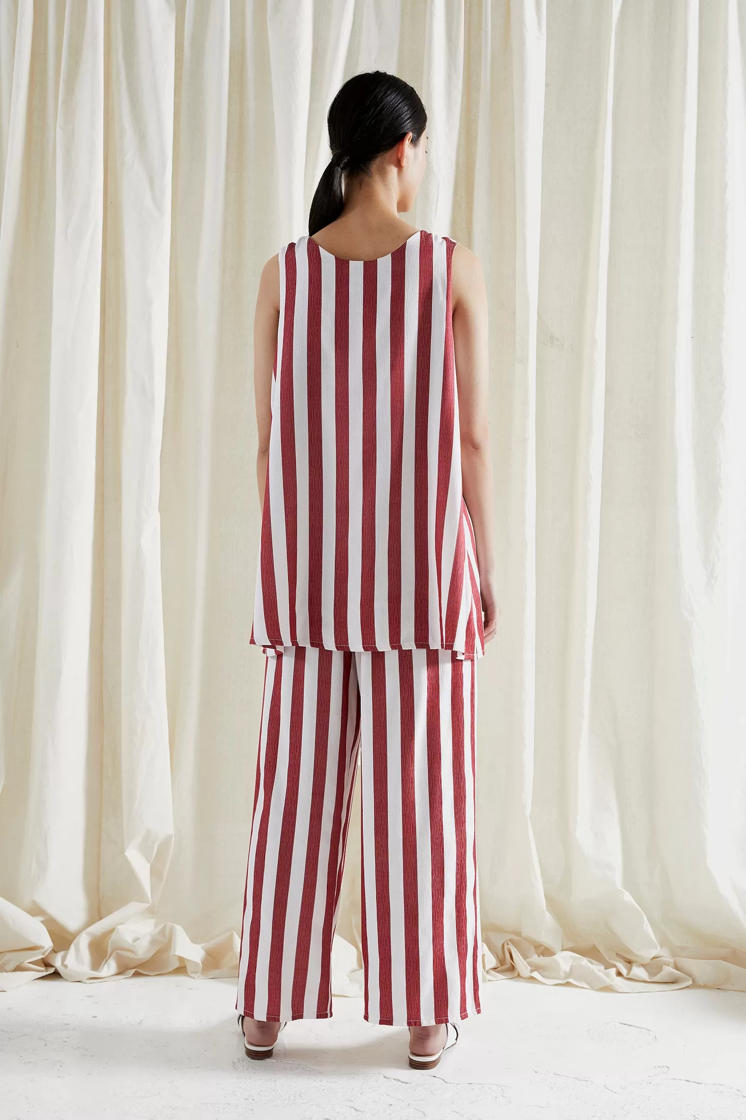 ORIGINAL SIN PANTS ~ POMEGRANATE [ Red & Whited Striped, Wide Leg Drawstring Culottes ]