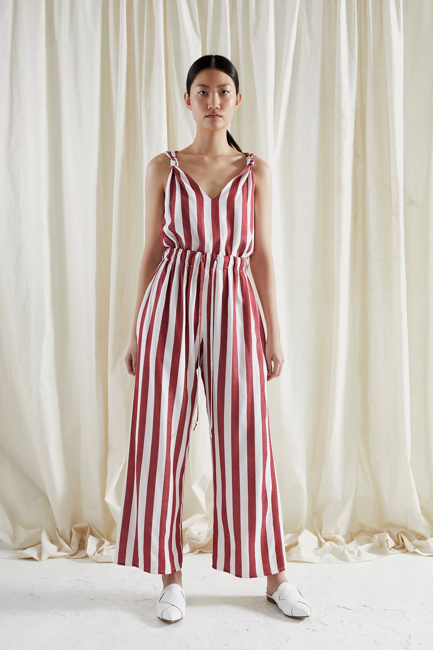 ORIGINAL SIN PANTS ~ POMEGRANATE [ Red & Whited Striped, Wide Leg Drawstring Culottes ]