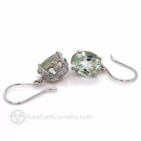 Oval Green Amethyst Earrings Fleur de Lis Earrings 14K French Hooks Dangles