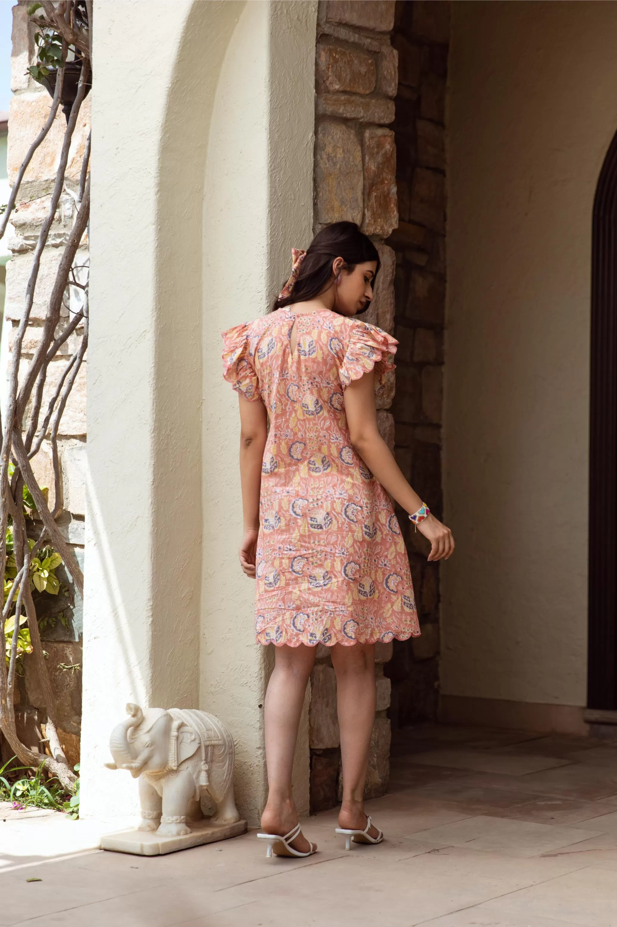 Peach cotton handblock print dress