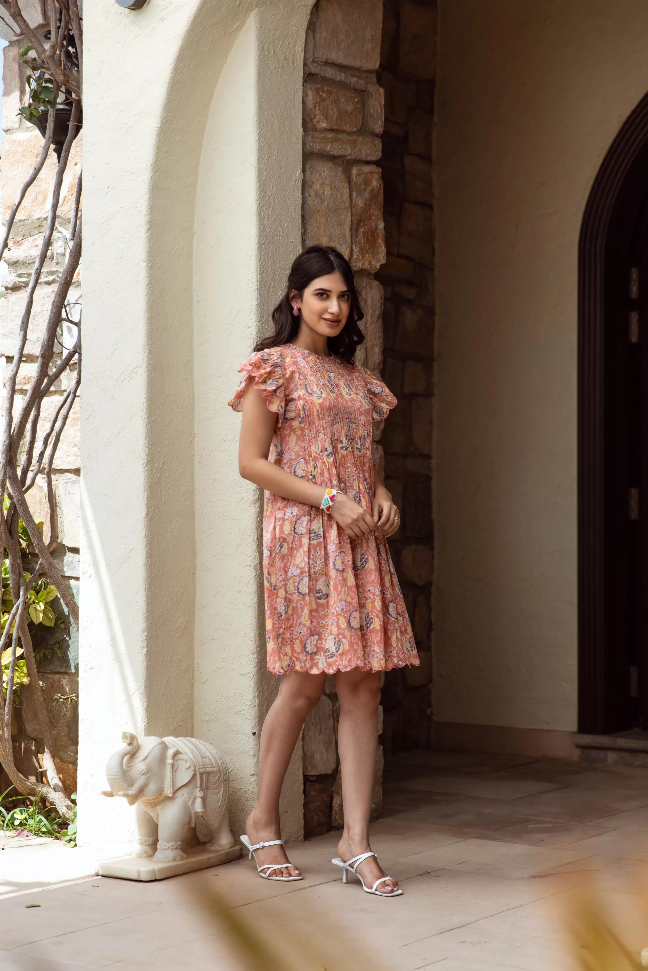 Peach cotton handblock print dress