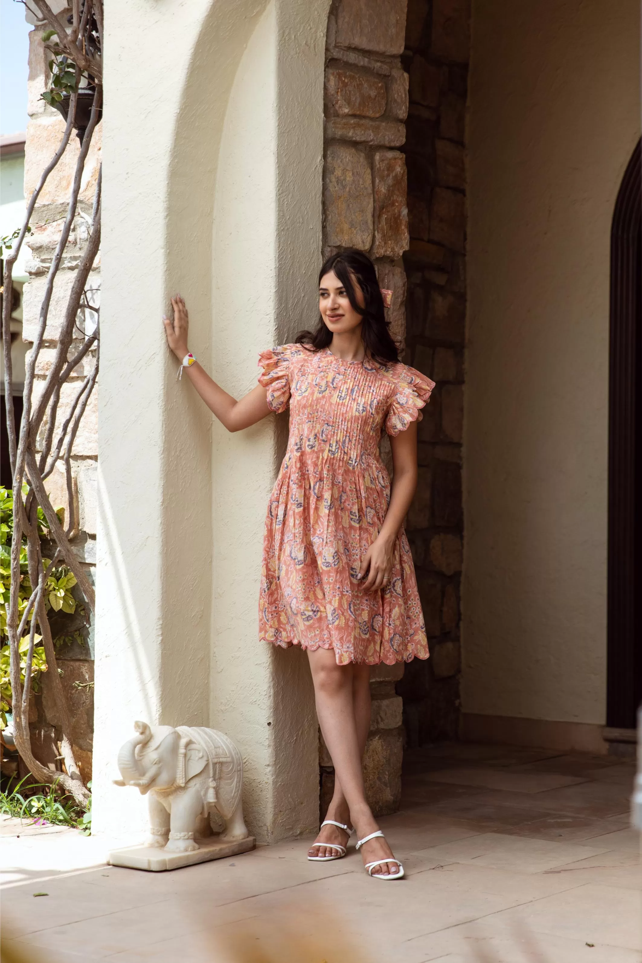 Peach cotton handblock print dress