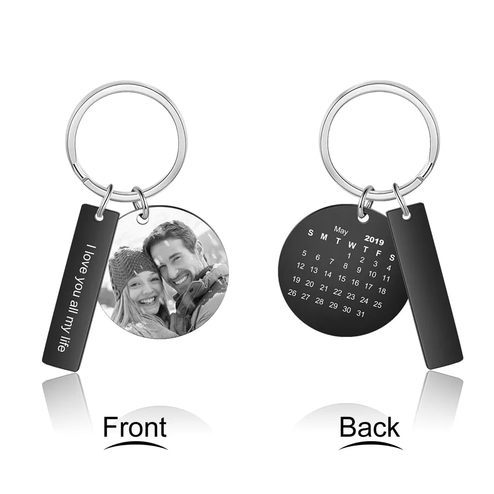 Personalized Black Color Engraved Date Calendar And Photo Keychains