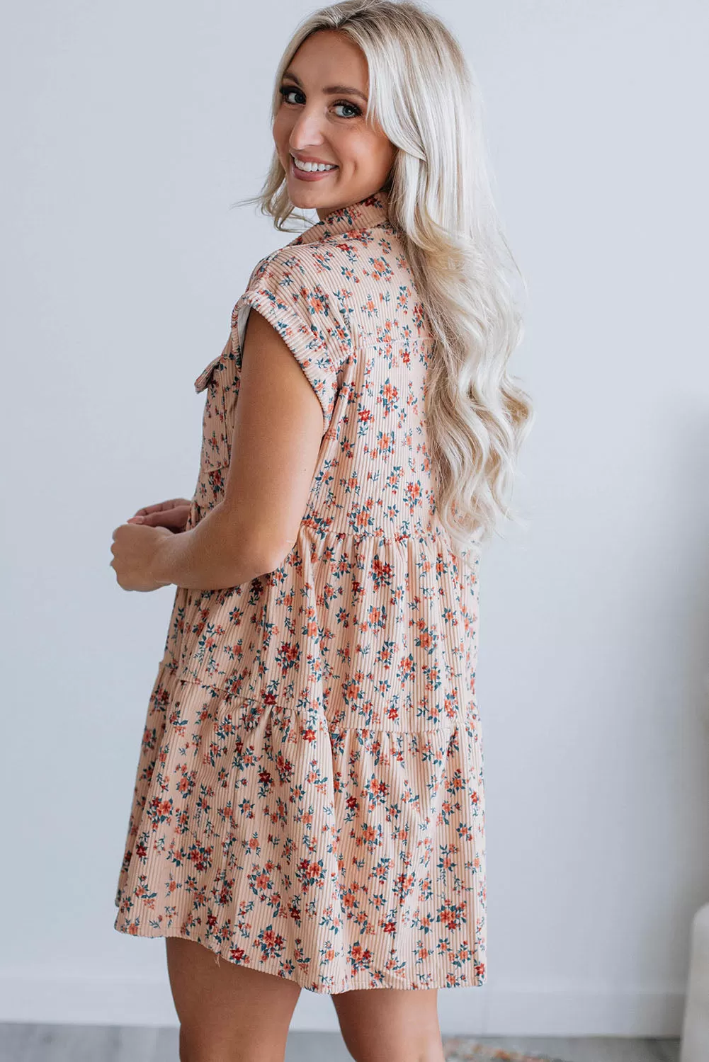 Pink Short Sleeve Flap Pockets Shirt Floral Dress