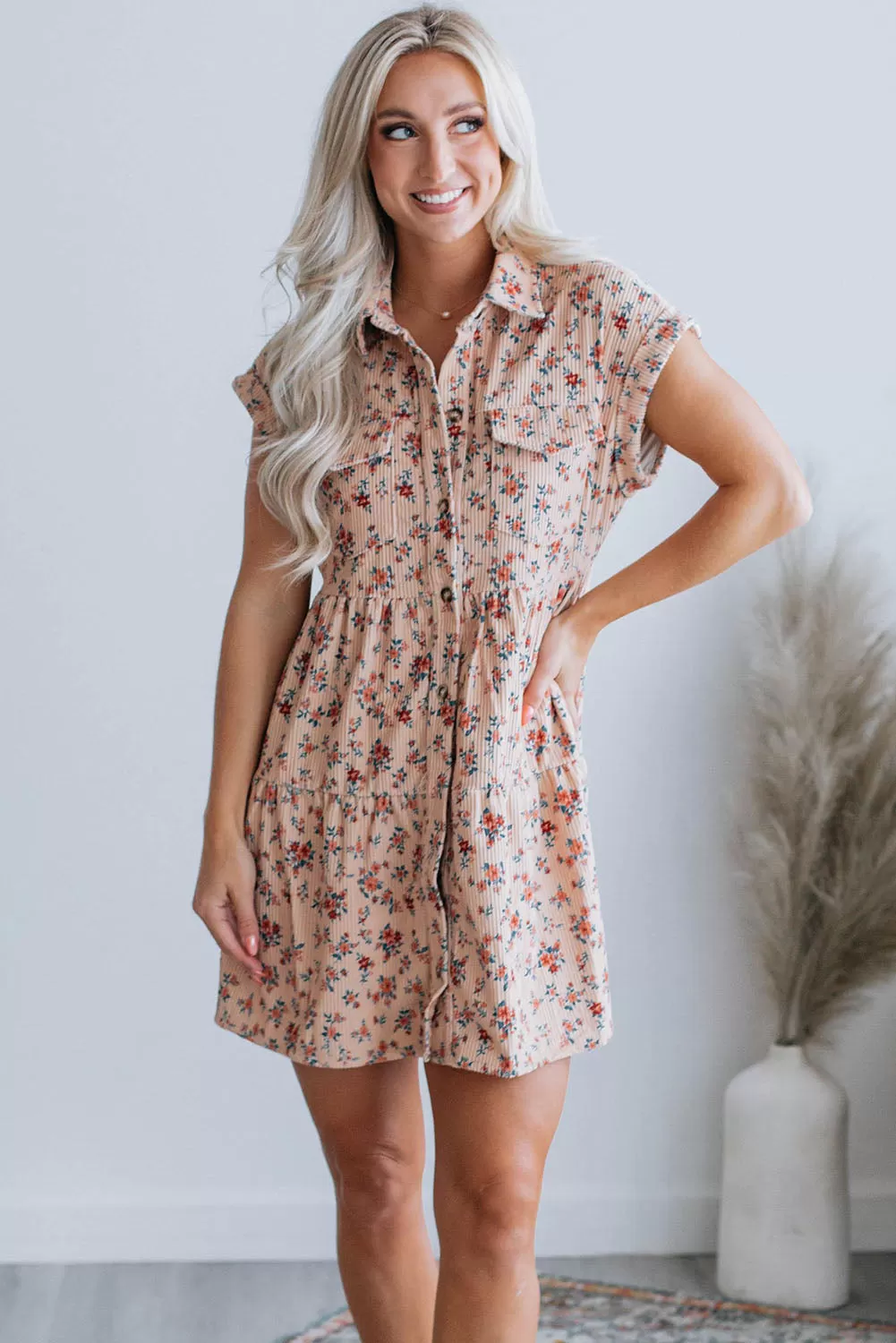 Pink Short Sleeve Flap Pockets Shirt Floral Dress