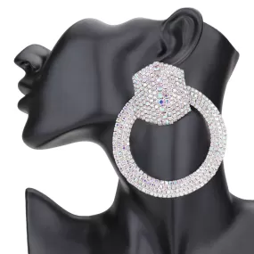 Rhinestone Pave Hexagon Open Circle Evening Earrings