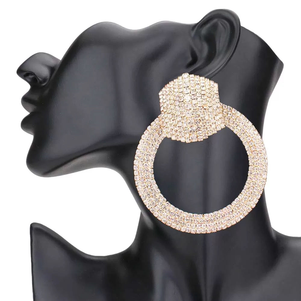 Rhinestone Pave Hexagon Open Circle Evening Earrings