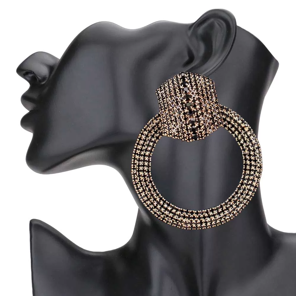 Rhinestone Pave Hexagon Open Circle Evening Earrings