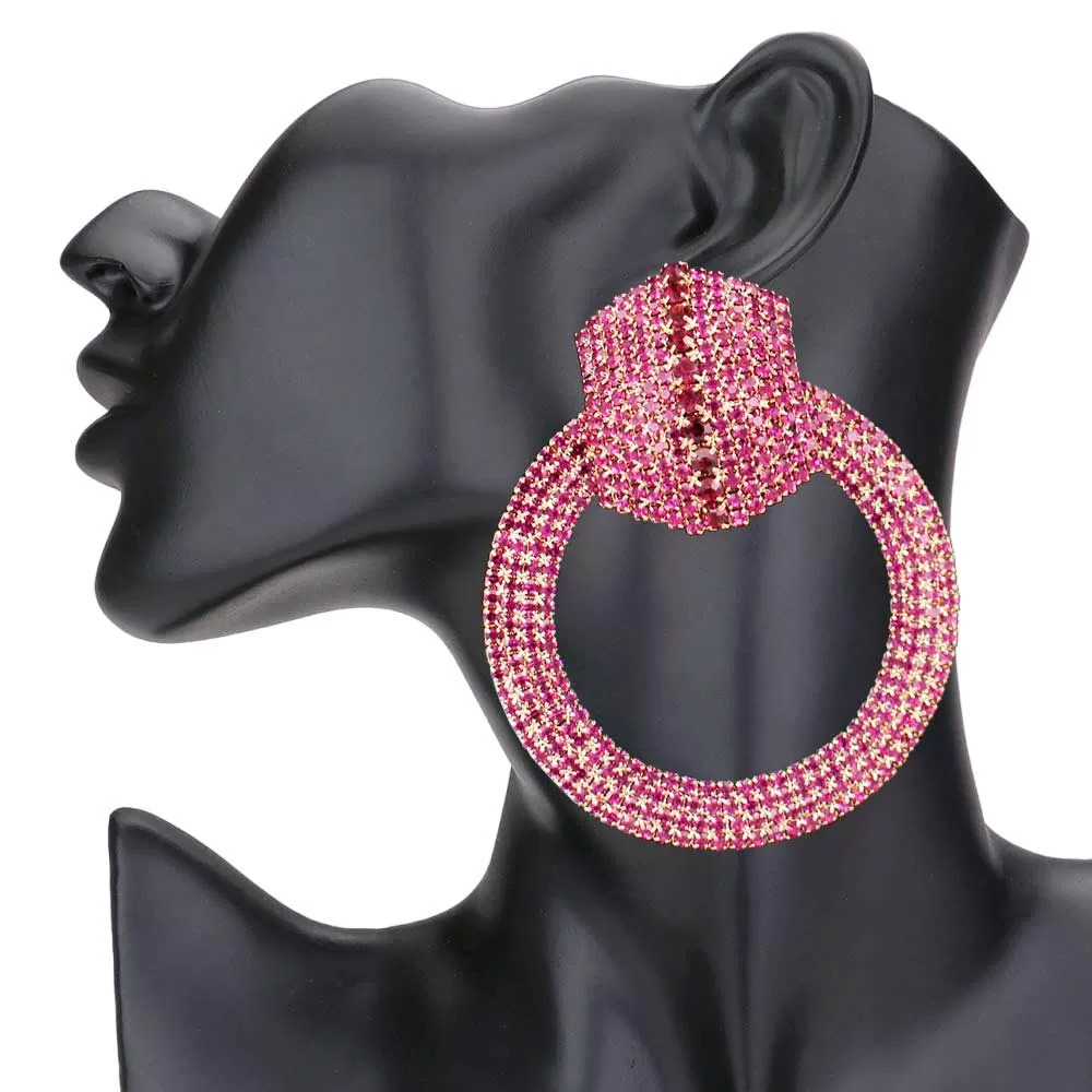 Rhinestone Pave Hexagon Open Circle Evening Earrings