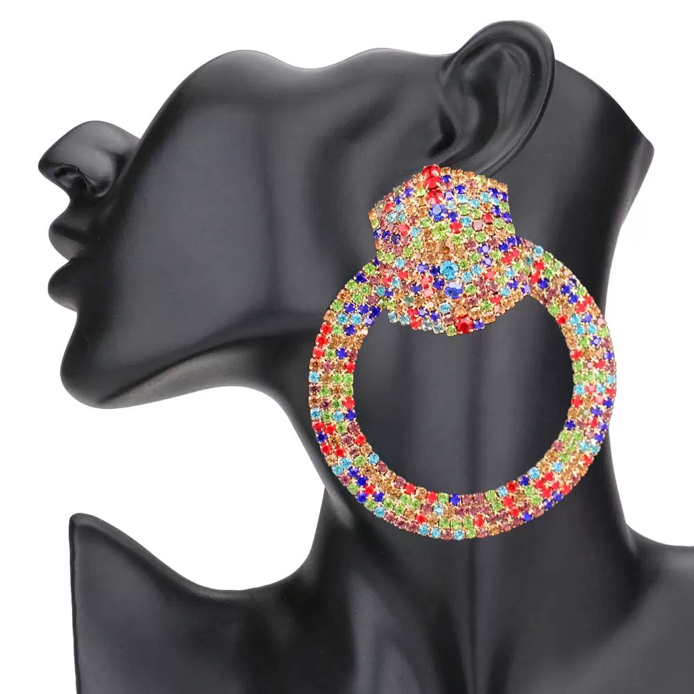 Rhinestone Pave Hexagon Open Circle Evening Earrings