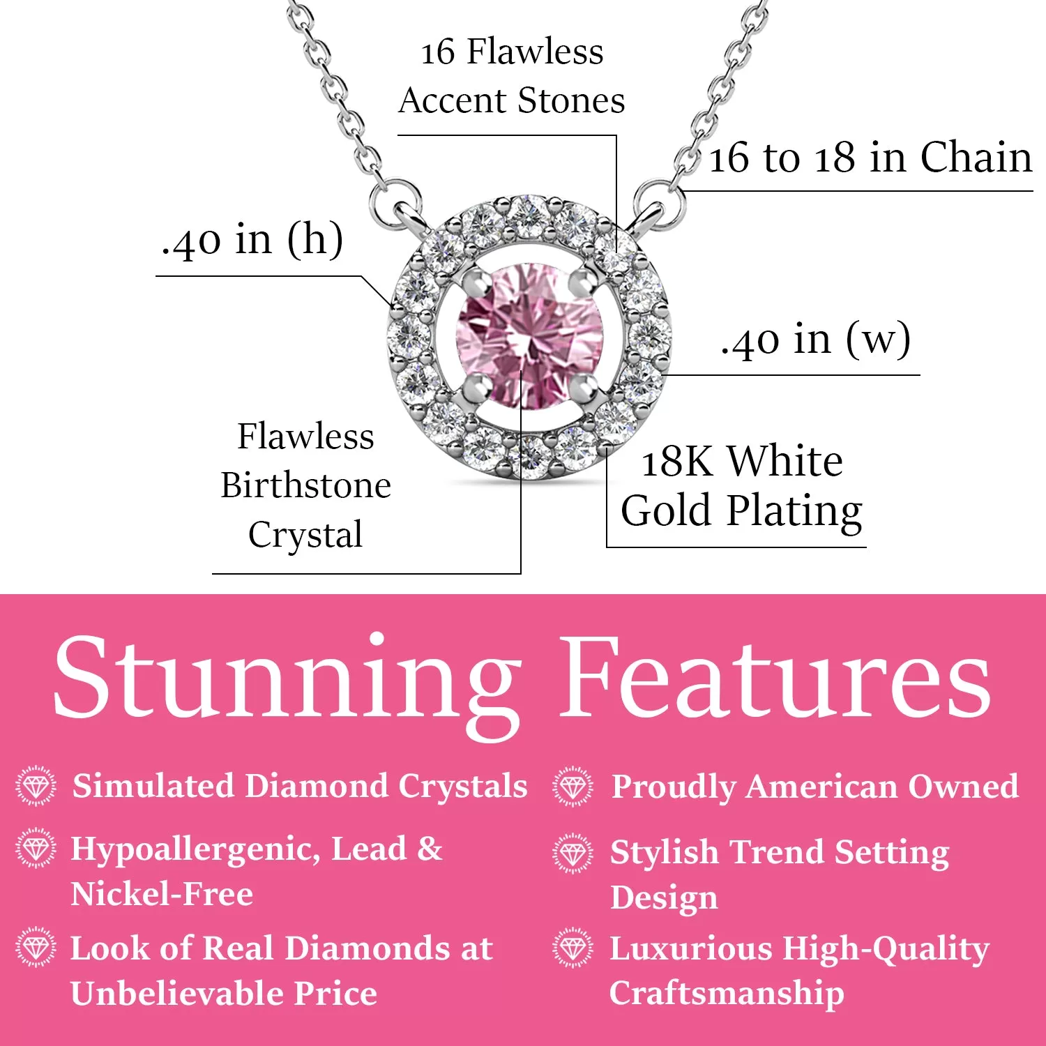 Royal 18k White Gold Plated Birthstone Halo Necklace with Round Cut Crystals