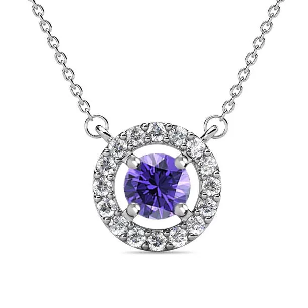 Royal 18k White Gold Plated Birthstone Halo Necklace with Round Cut Crystals