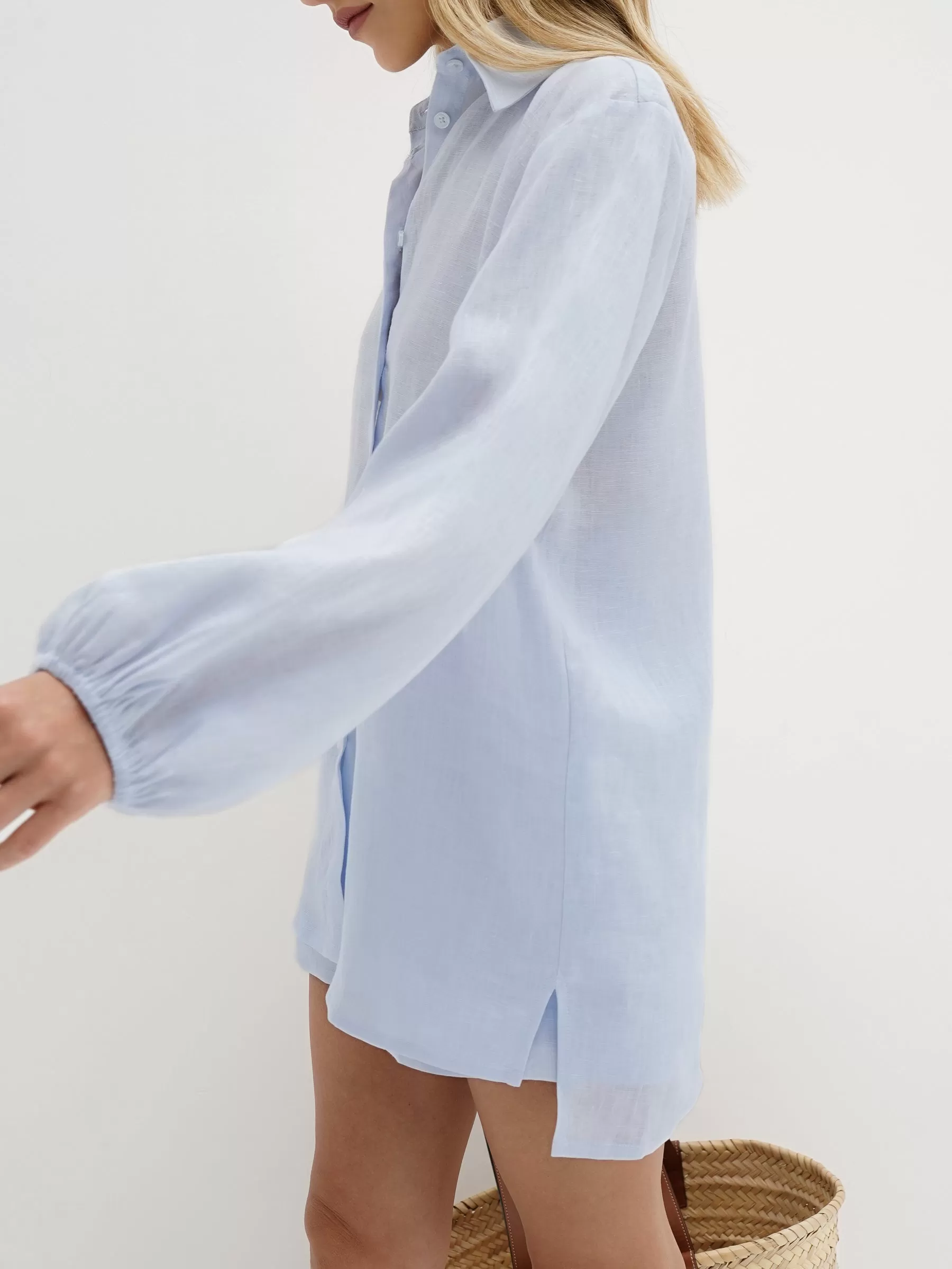 Rue Contrast Stitch Linen Shirt | Pale Blue