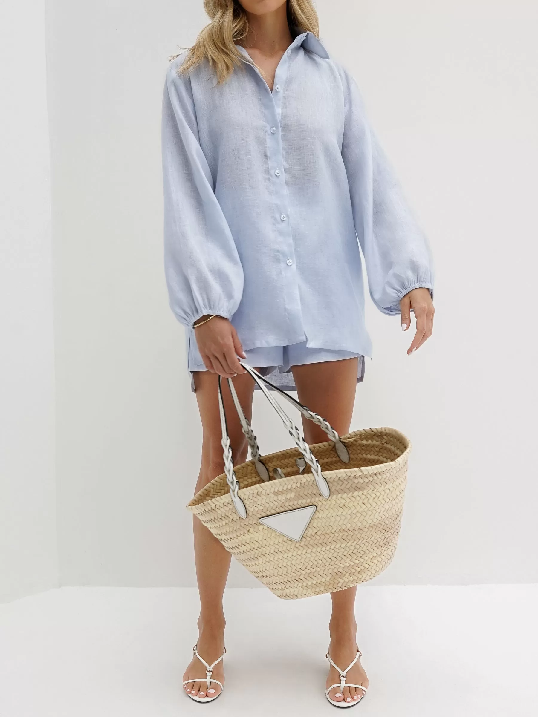 Rue Contrast Stitch Linen Shirt | Pale Blue