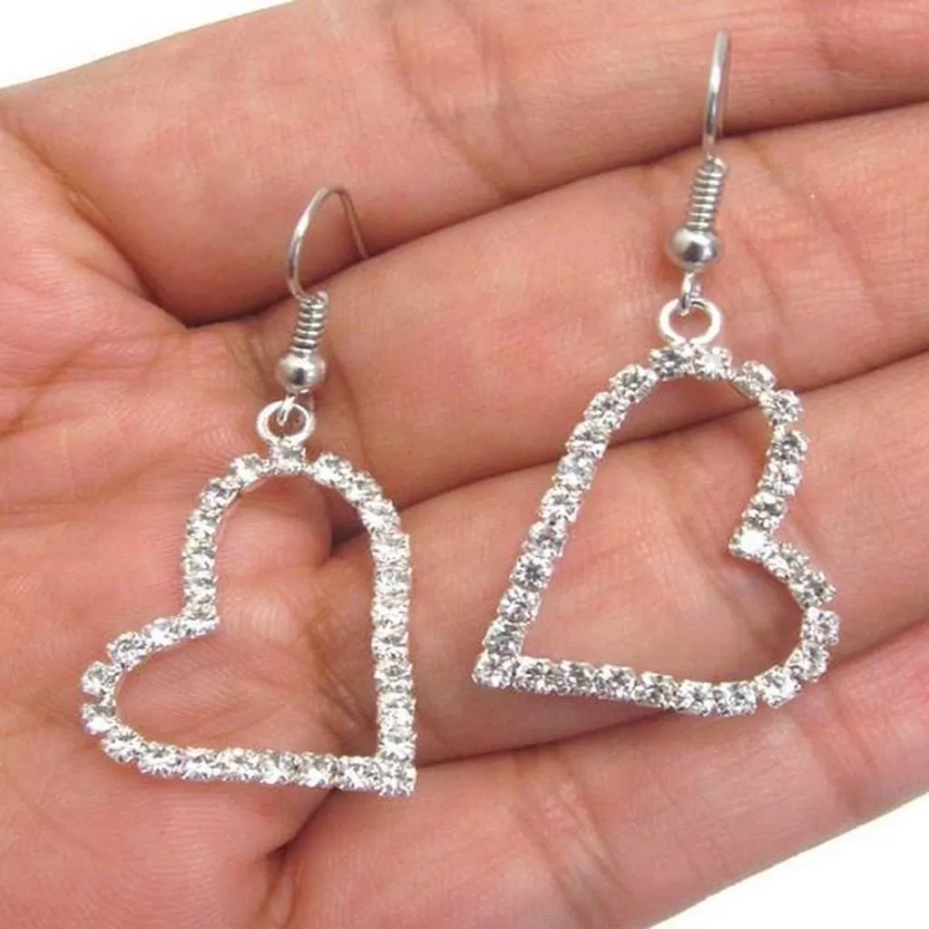 Silver and Rhinestone Sideways Heart Earrings