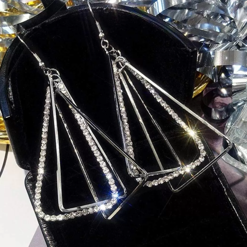 Silver Multi Triangle and Rhinestone Long Dangle Earrings