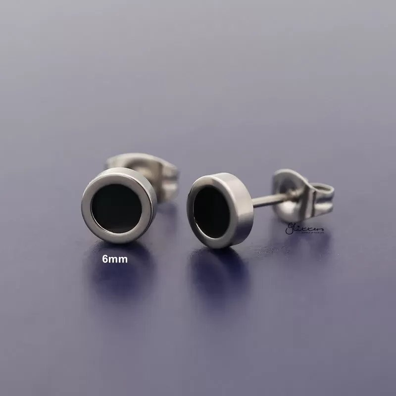 Stainless Steel Round Stud Earrings with Black Center