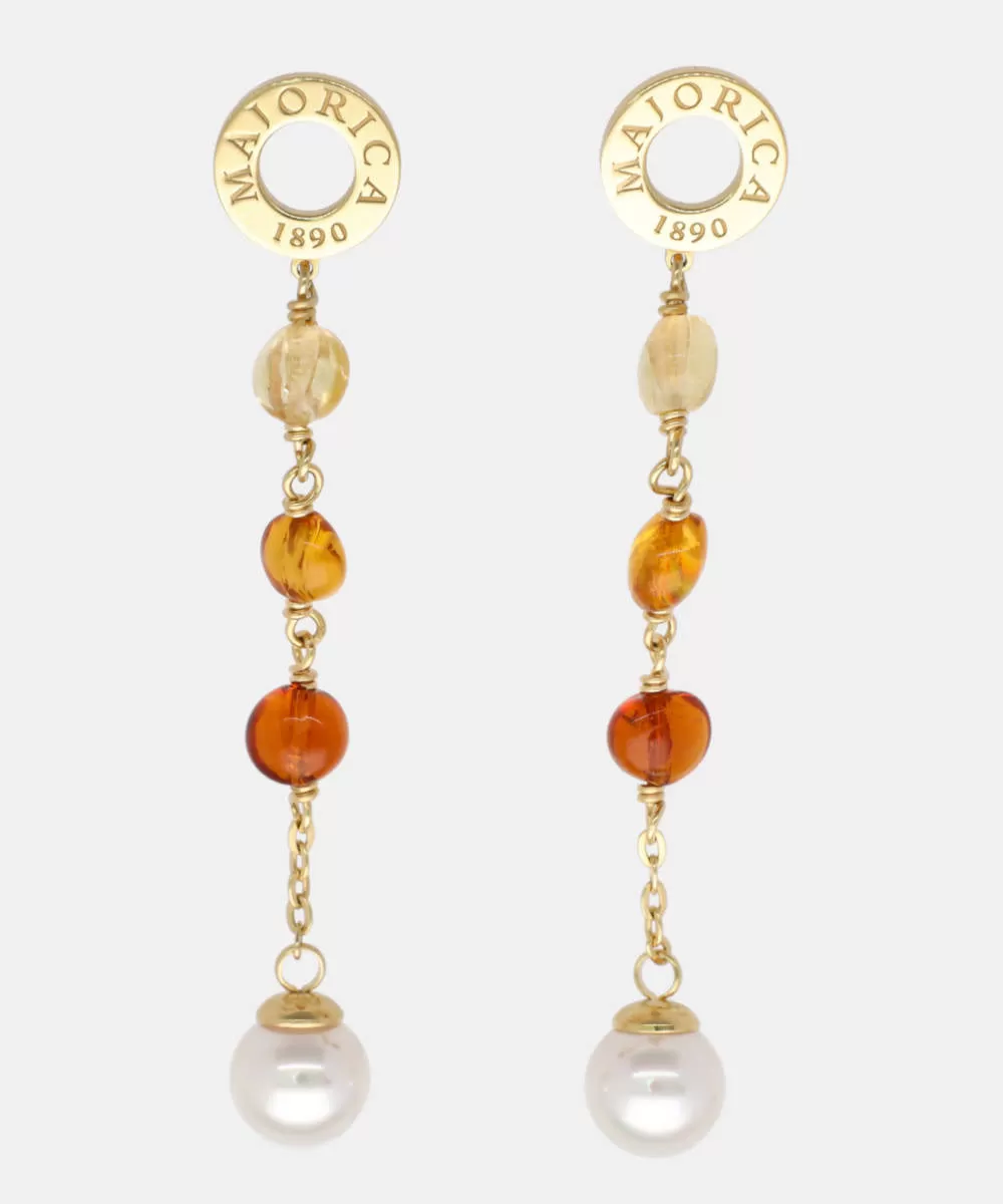 Sterling Silver Gold Plated Long 2.5 Earrings, for Women with Post and Organic Pearl, 8mm Round White Pearls and Amber Murano Crystals, Algaida Collection