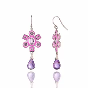 Sterling Silver Statement Earrings with Sweet Purple Enamel, Mixed Rose Sapphires & Amethyst Drops