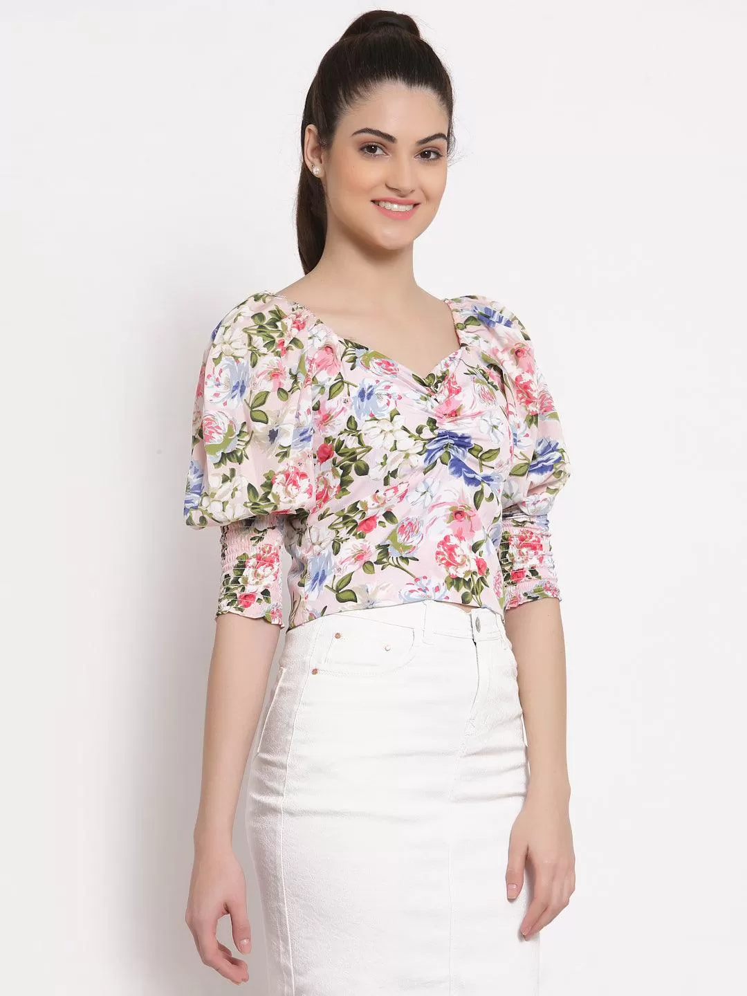 Style Quotient White  Pink Floral Printed Crepe Fitted Top