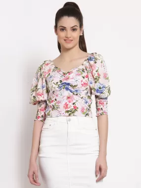 Style Quotient White  Pink Floral Printed Crepe Fitted Top