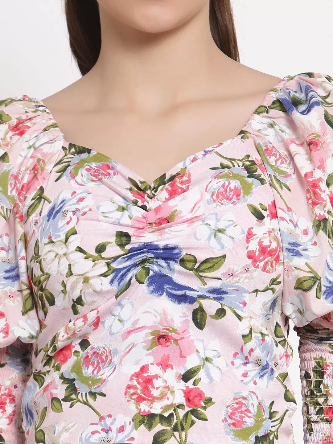 Style Quotient White  Pink Floral Printed Crepe Fitted Top