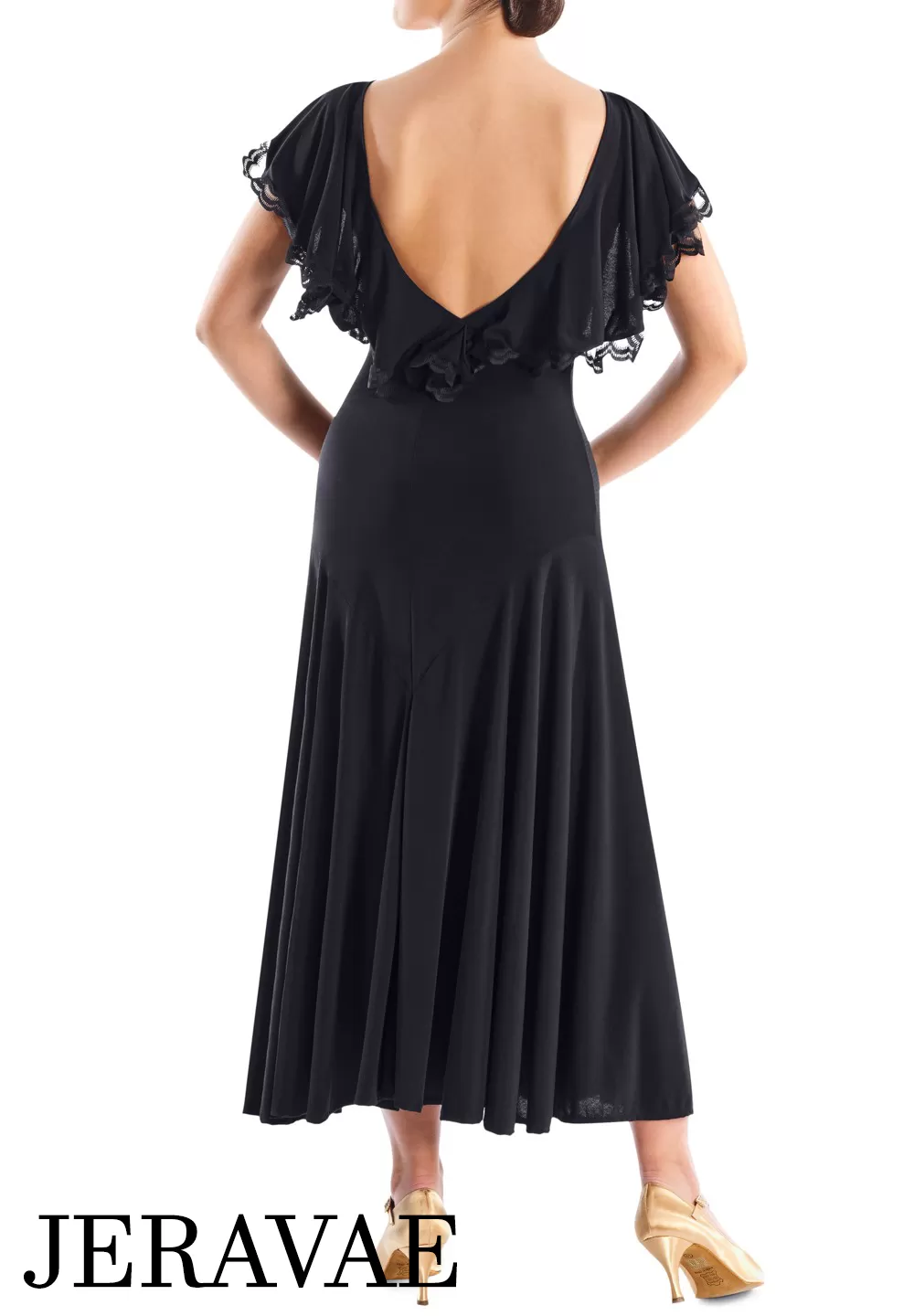 Victoria Blitz Taormina Black Ballroom Practice Dress with V-Neck and Back with a Frilled Layer and Lace Trim and Side Slit in Skirt PRA 748 in Stock