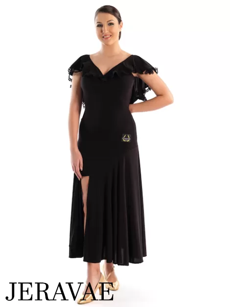 Victoria Blitz Taormina Black Ballroom Practice Dress with V-Neck and Back with a Frilled Layer and Lace Trim and Side Slit in Skirt PRA 748 in Stock