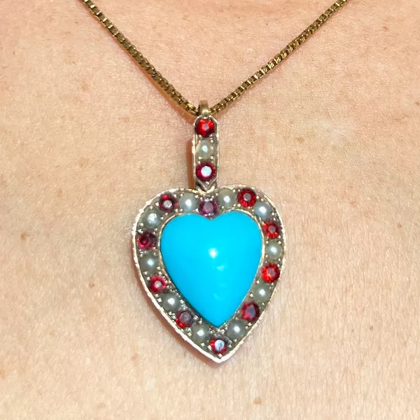 Victorian Turquoise Garnet & Pearl Heart Pendant