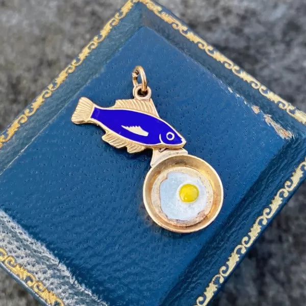 Vintage Enamel Fish & Fried Egg Charm Pendant