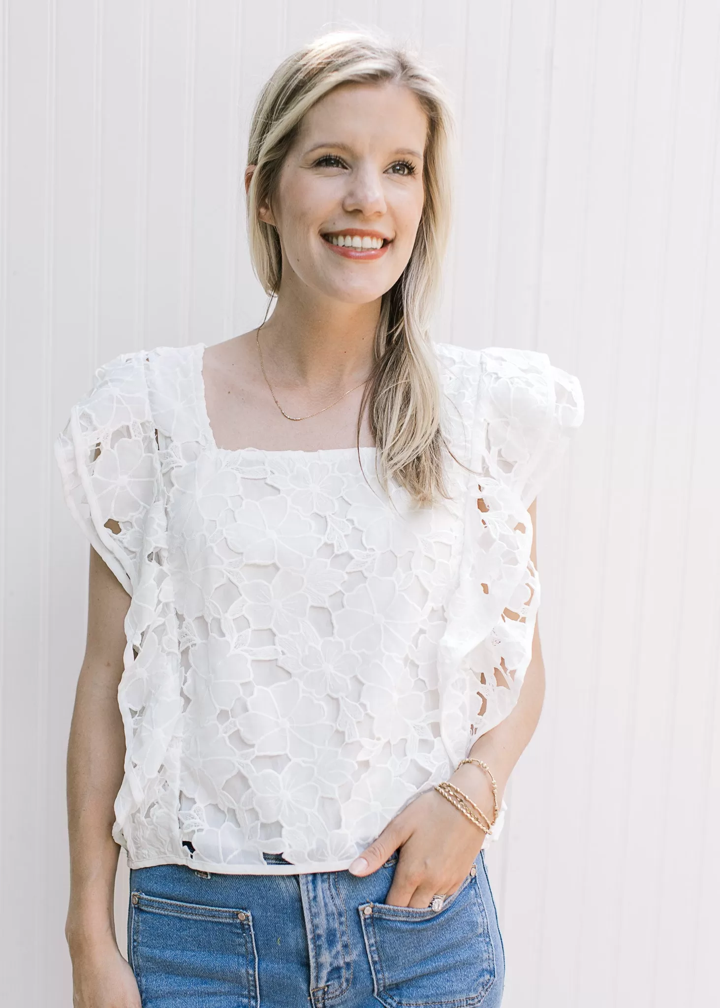 White Lace Flower Cut Out Top