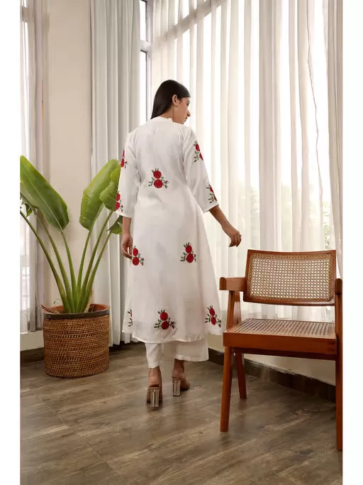 White Muslin Red Flower Embroidered A-Line Straight Set