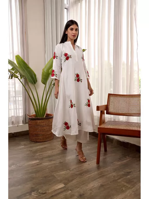 White Muslin Red Flower Embroidered A-Line Straight Set