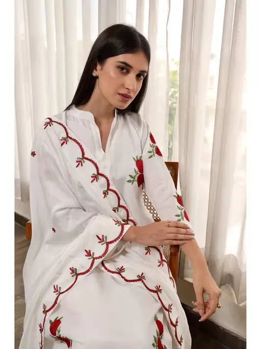 White Muslin Red Flower Embroidered A-Line Straight Set