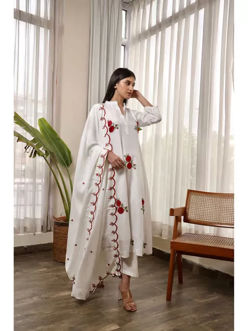 White Muslin Red Flower Embroidered A-Line Straight Set