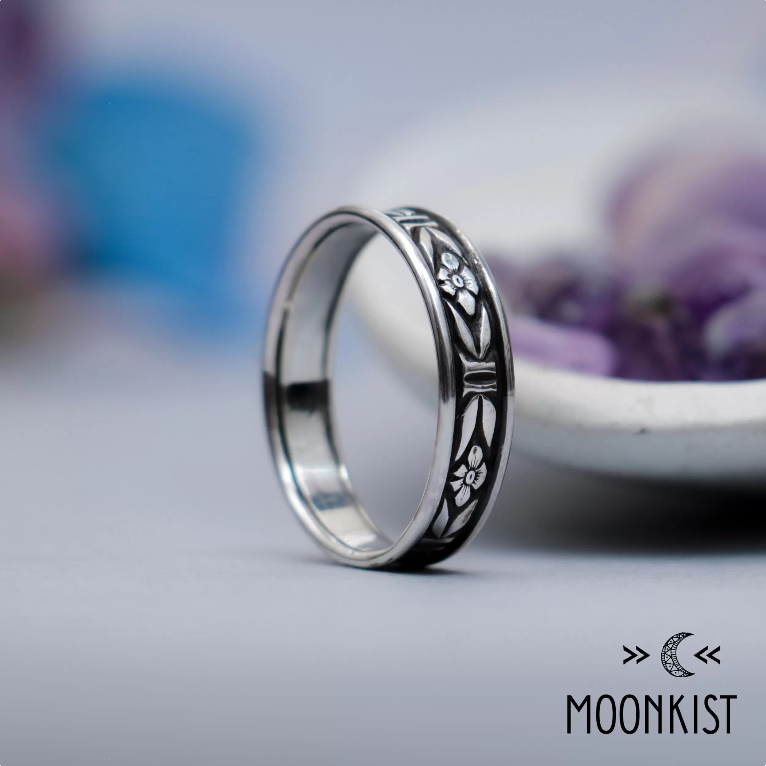 Wide Sterling Silver Forget-Me-Not Floral Wedding Band | Moonkist Designs