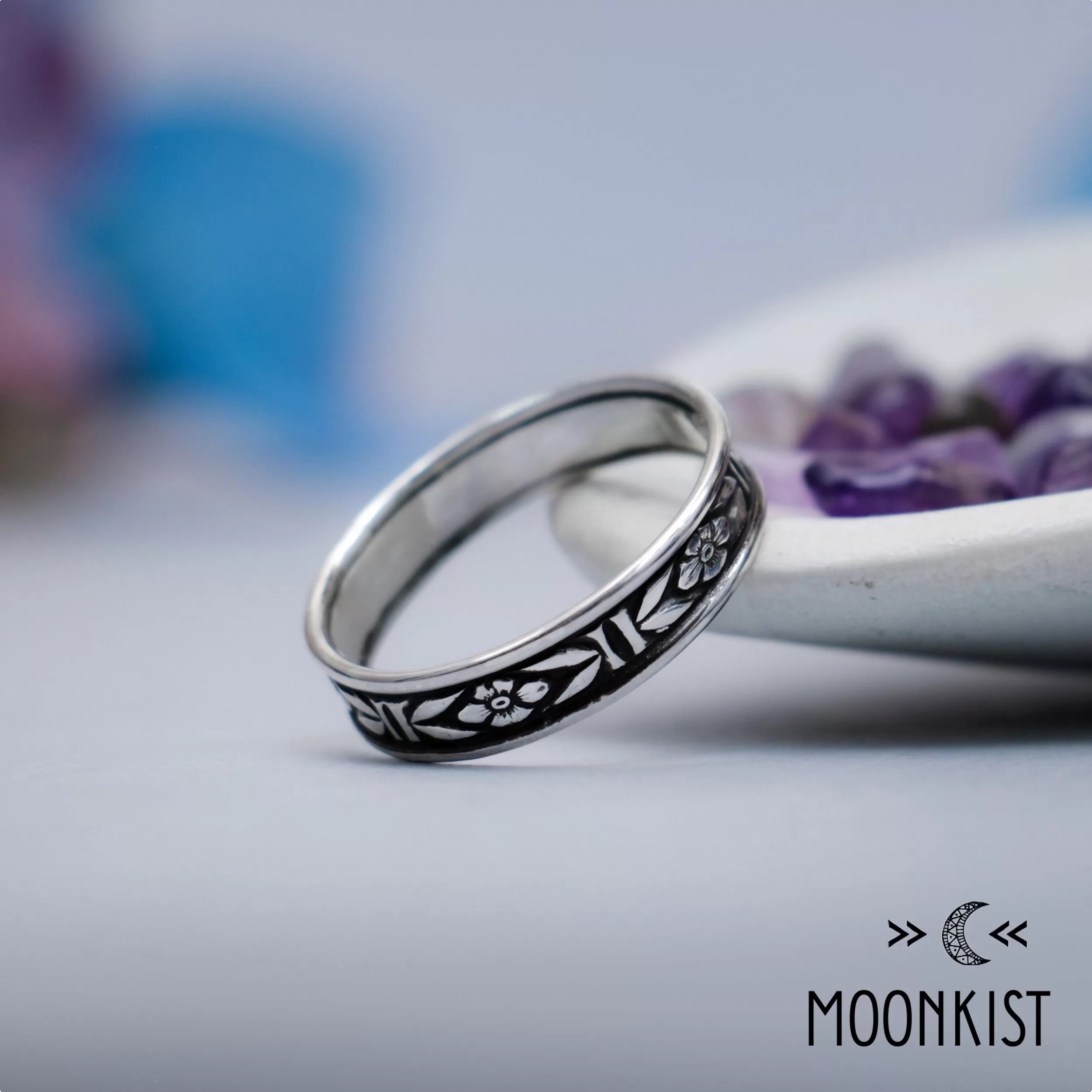 Wide Sterling Silver Forget-Me-Not Floral Wedding Band | Moonkist Designs