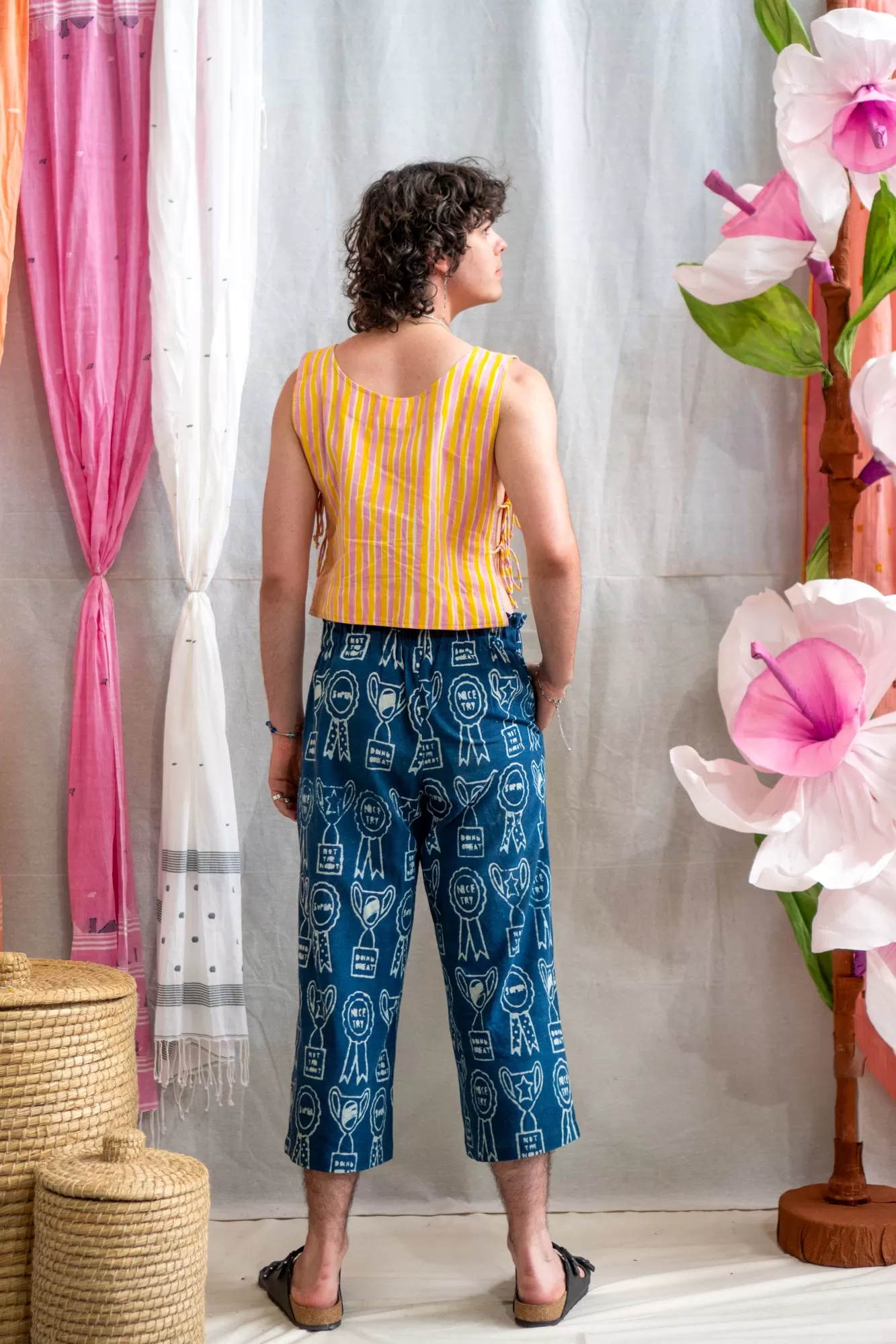 ¾ Button Pants – Trophy Print Mud Resist Indigo