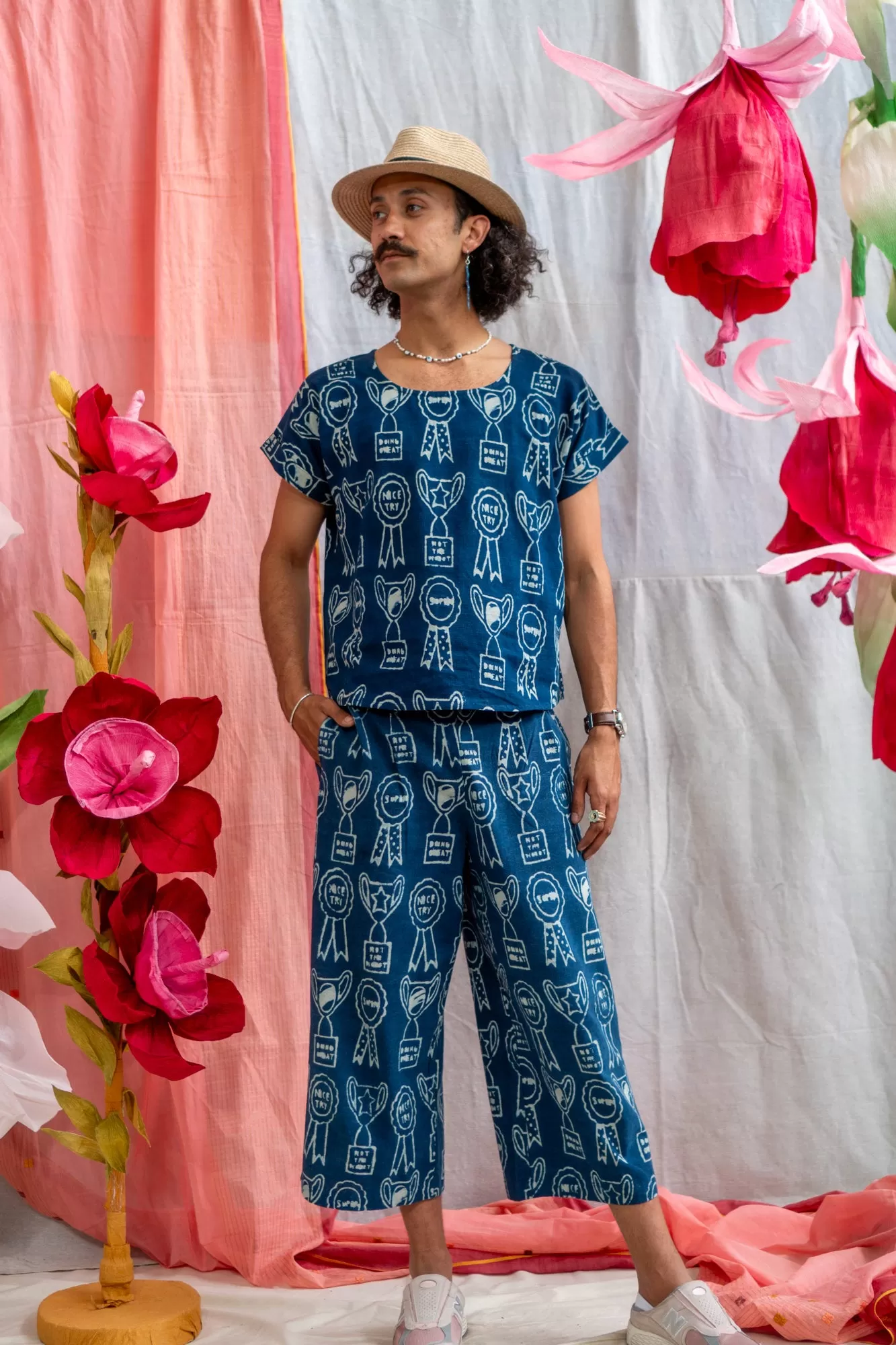 ¾ Button Pants – Trophy Print Mud Resist Indigo